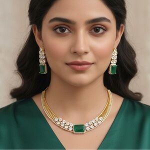 Green and Gold Necklace with Crystal Accents